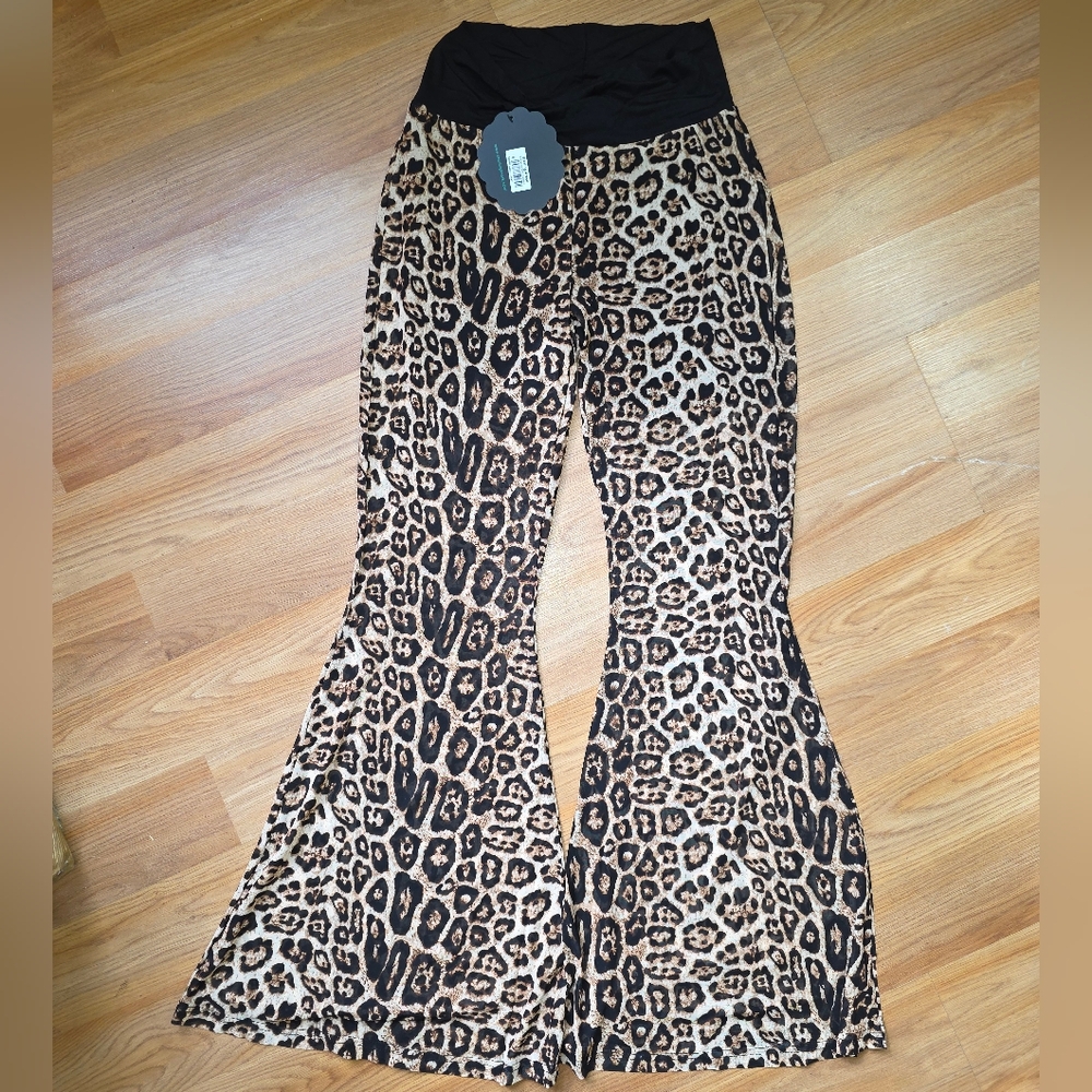 Leopard Print Mesh Flare Pants - Wide Bell Bottom - Sterling Kreek - Small